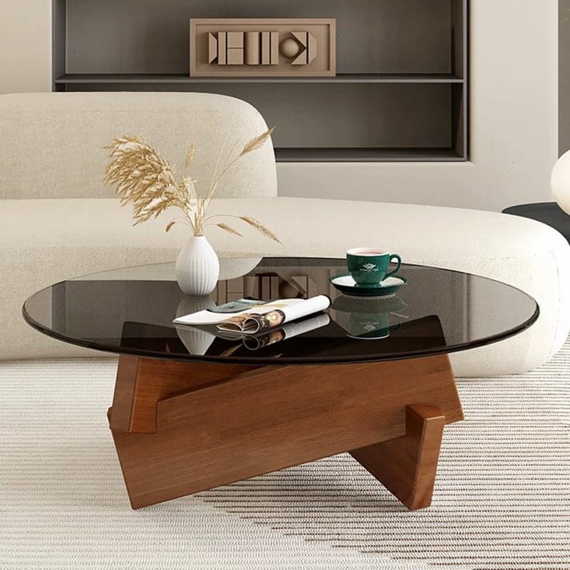 Stylish Round Glass Coffee Table with Tempered Top and Abstract Wood Base - image 3