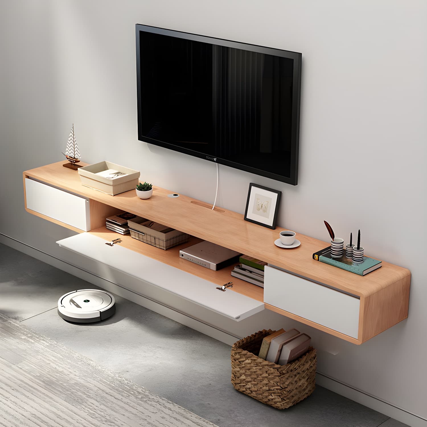 Nordic Wall-Mounted TV Console Solid Wood 2-Drawer Floating TV Stand Console - image 8