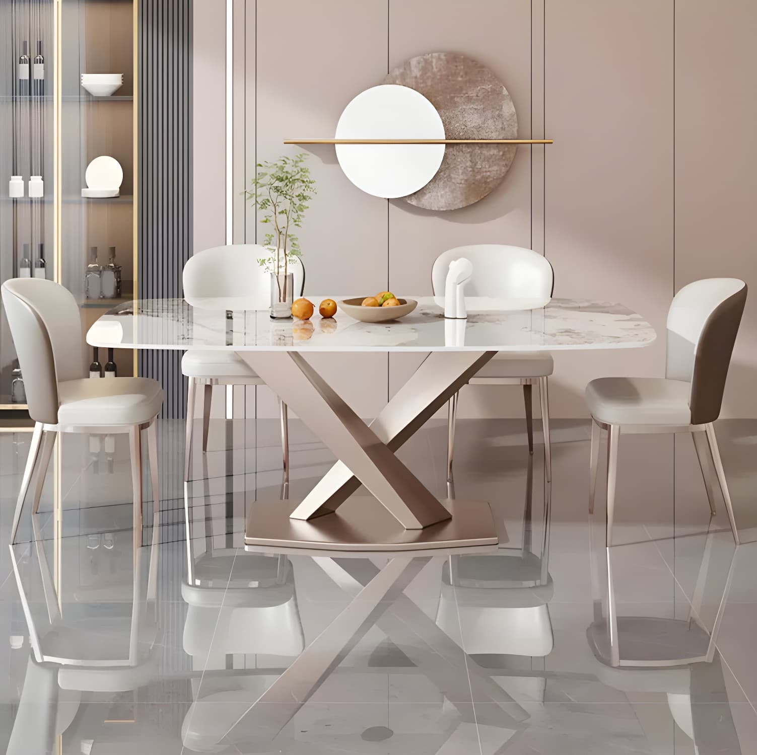 Modern Metal Dining Table in White with Pedestal Base and Violet Accents - image 5