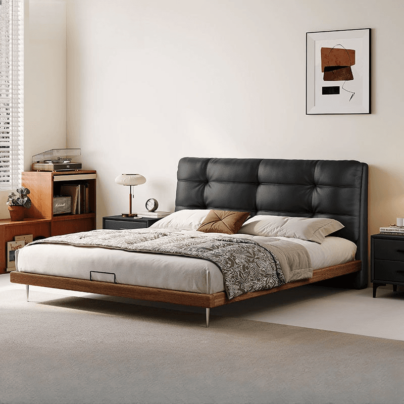 Solid Color Platform Bed with Natural Wood Frame and Button-tufted Design for Living Room