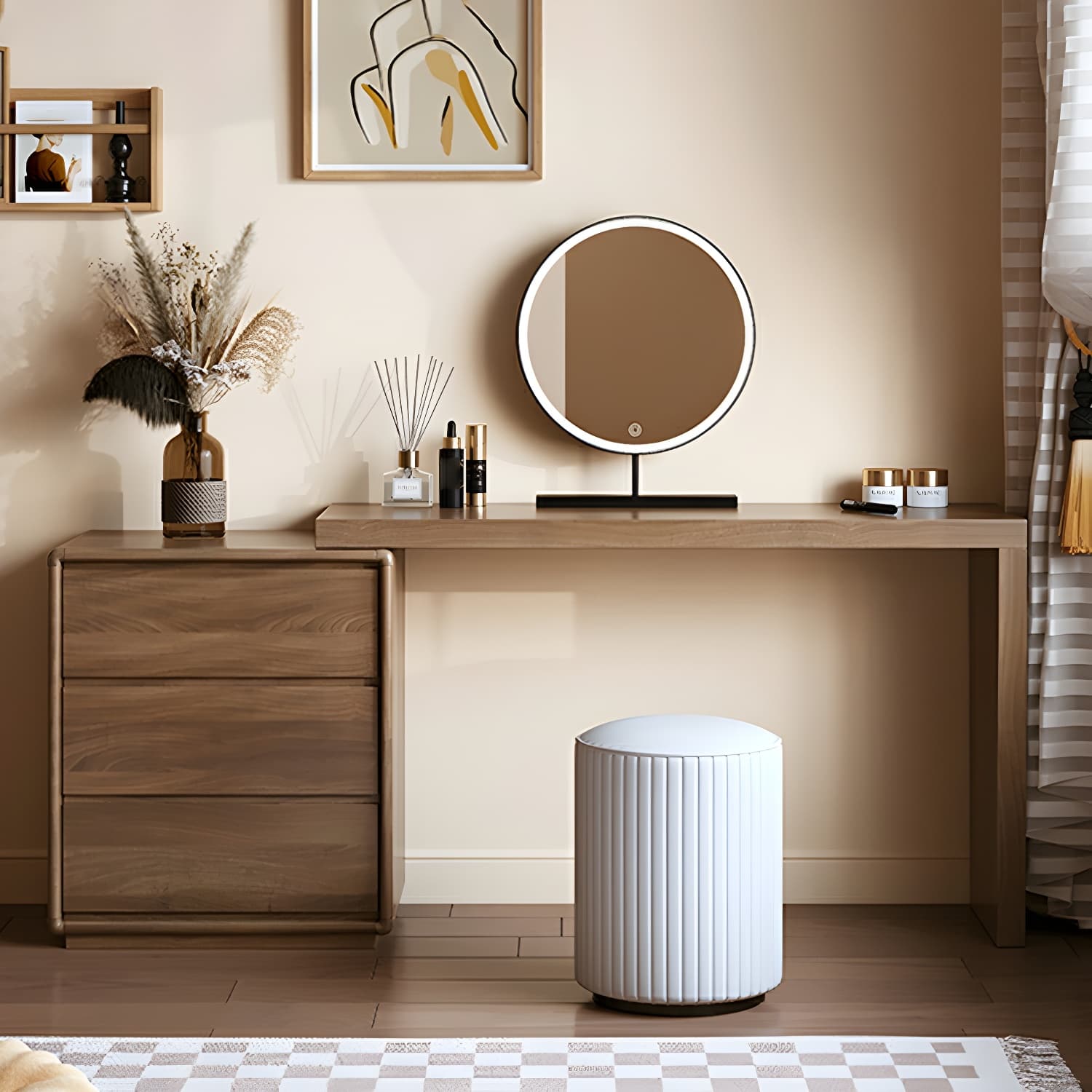 Modern Brown Wood Makeup Vanity with Drawers & Soft Close Drawer Glides
