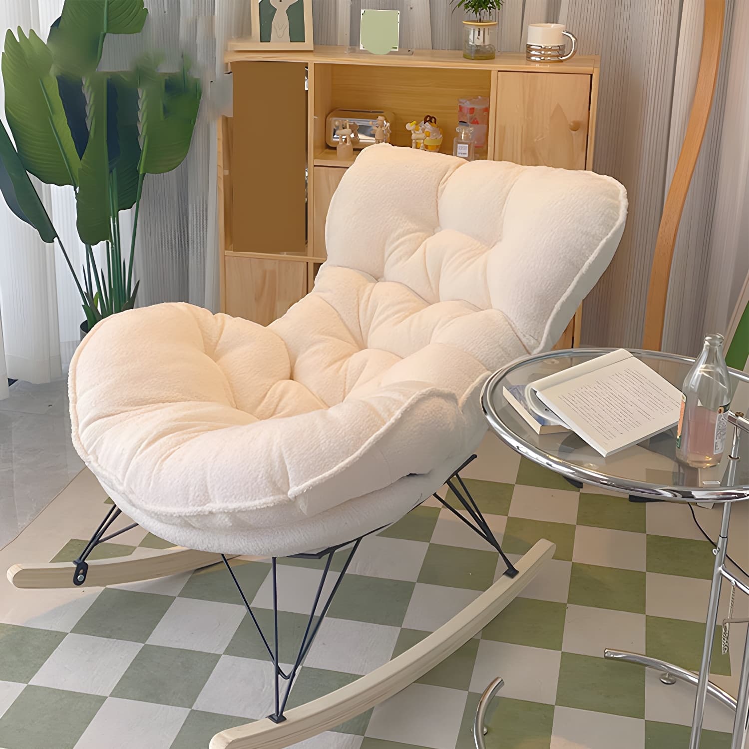 Modern Upholstered Rocking Chair with Tufted Seat - Natural Wood Legs and Armless Design