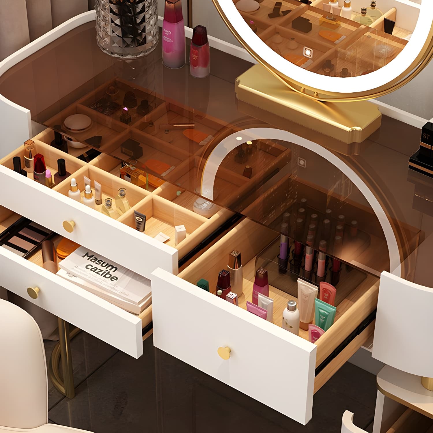 Contemporary Glass Top Vanity Dressing Table With 4/5 Drawers - image 9