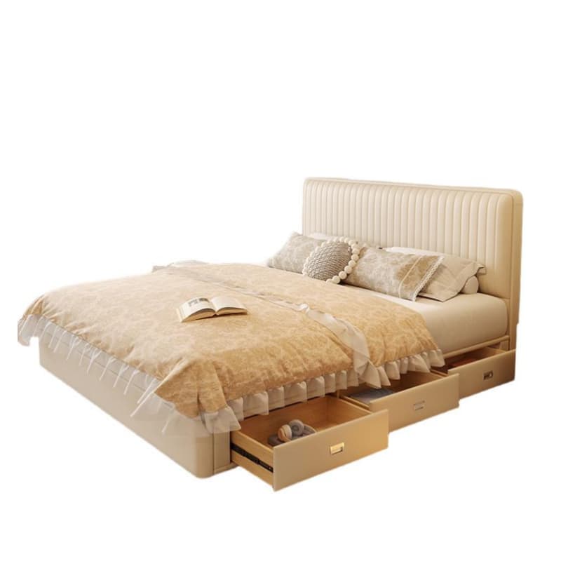 Ivory Solid Color Storage Bed with 3 Storage Boxes, Padded Frame, Sponge Upholstery, and Panel Headboard for Bedroom - image 3