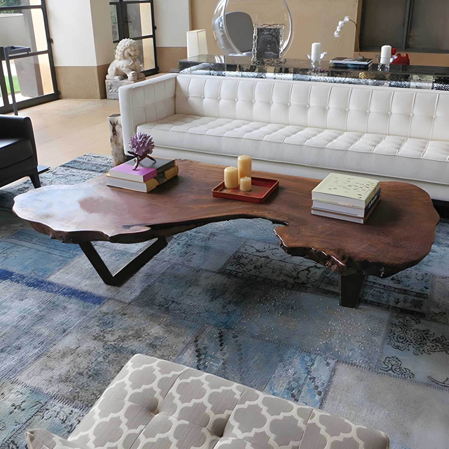 Modern Live Edge Coffee Table Geometric Red Wood Sled Cocktail Table