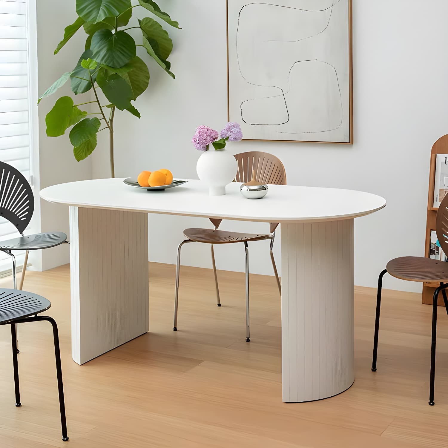 Oval Double Pedestal Modern Dining Table Fixed Table with Solid Wood