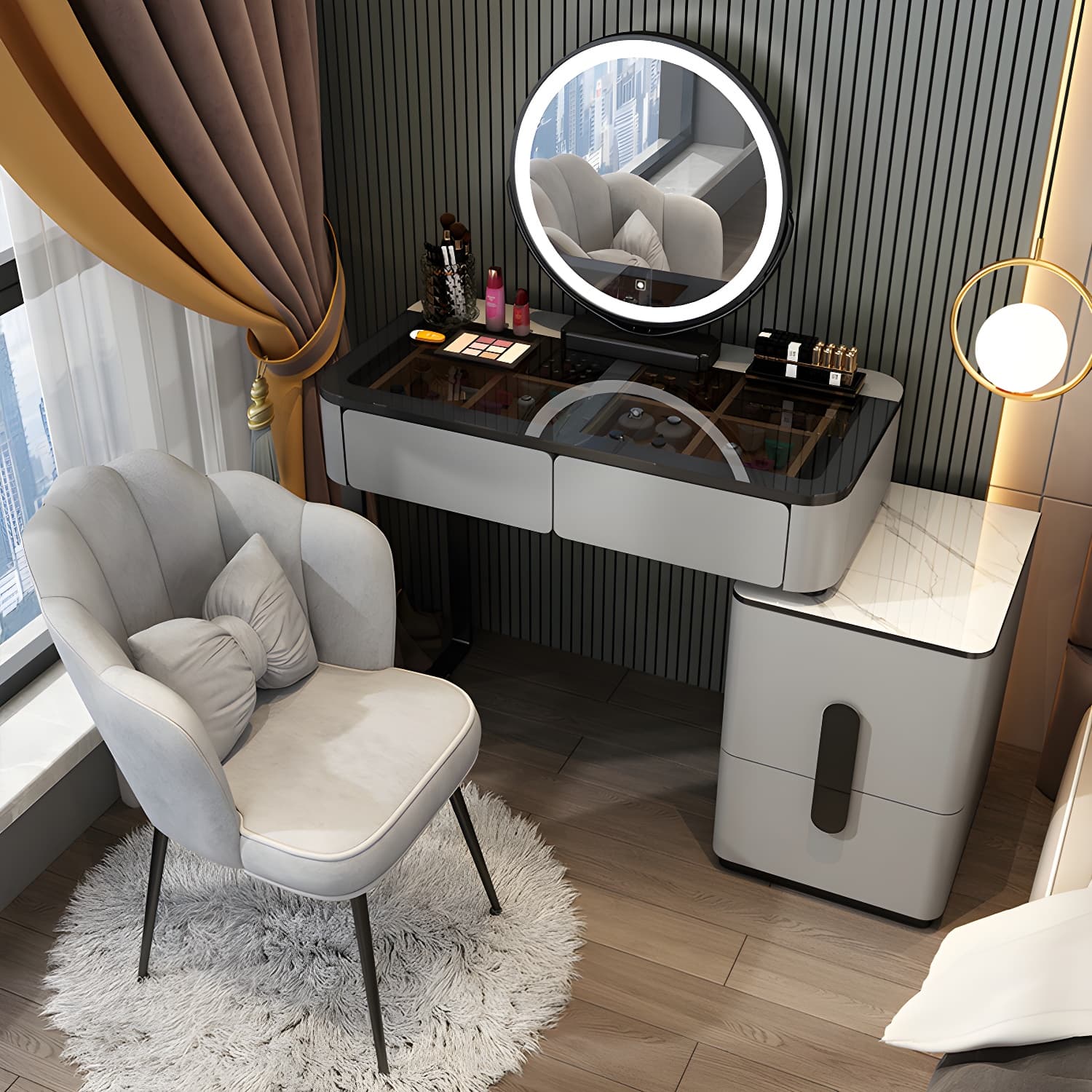Glam Glass Vanity Dressing Table 29.9" H Bedroom Makeup Counter with Drawer