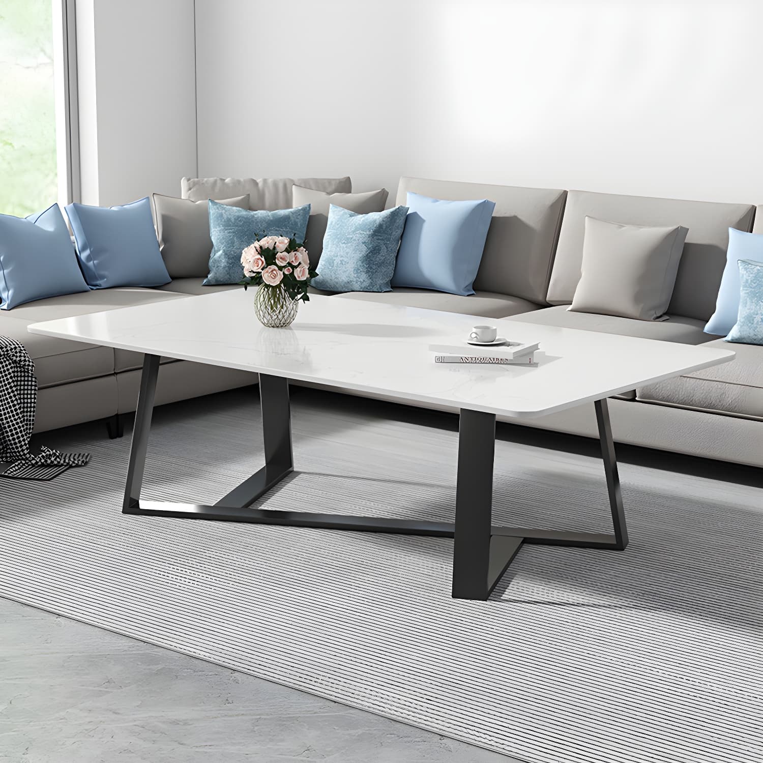 Modern Rectangle Coffee or End Table Stone and Steel Coffee Table with Cross Legs - image 7
