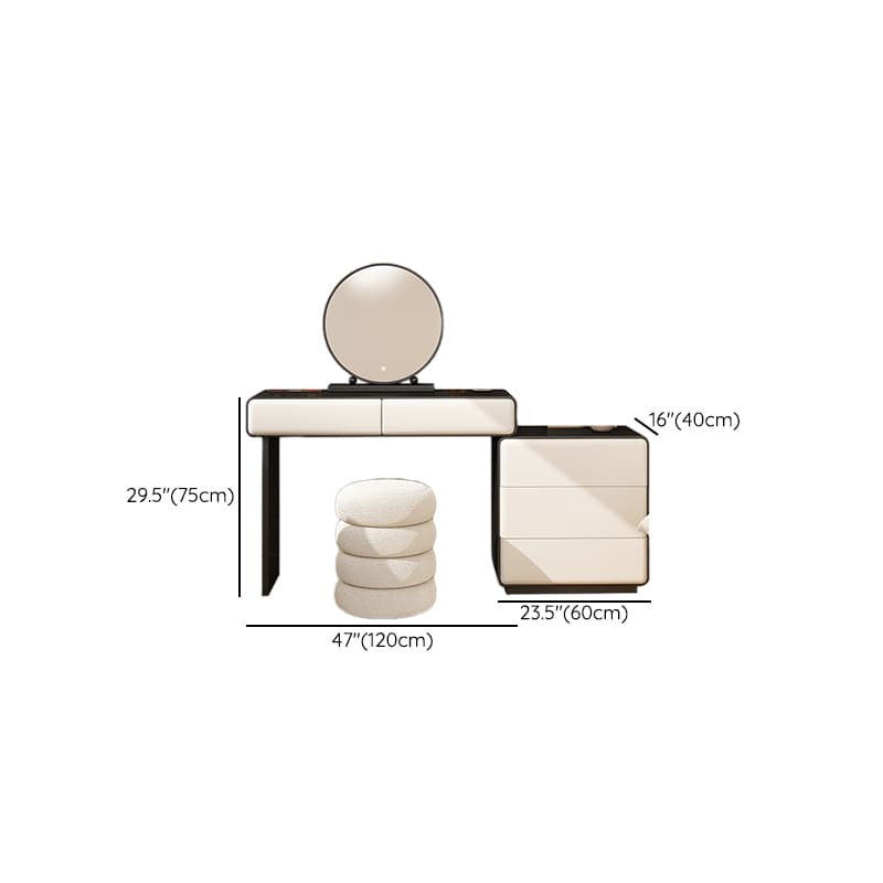 Simplistic Large Vanity Set with Lumber Table Top, Cream Seat, 5 Drawers, and Mirror Lights - image 9