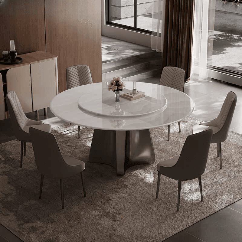 Minimalist Dining Table Set with Rounded Shape and Stump Base, Padded Chair with Back in White