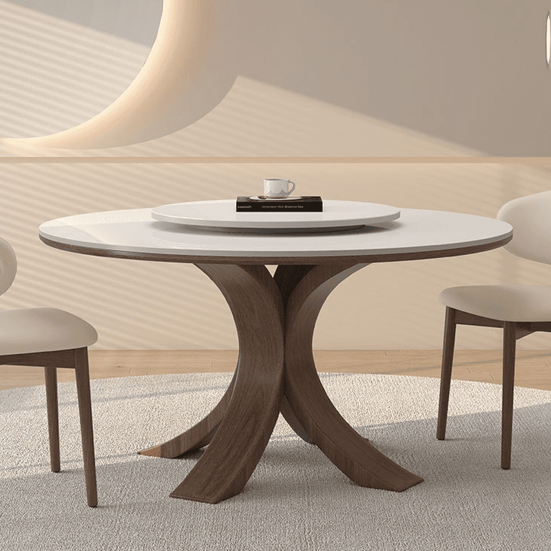 Dining Table Set with Rounded Stump Base and Fixed Table, Featuring Padded Chair with Back, 5-piece in White