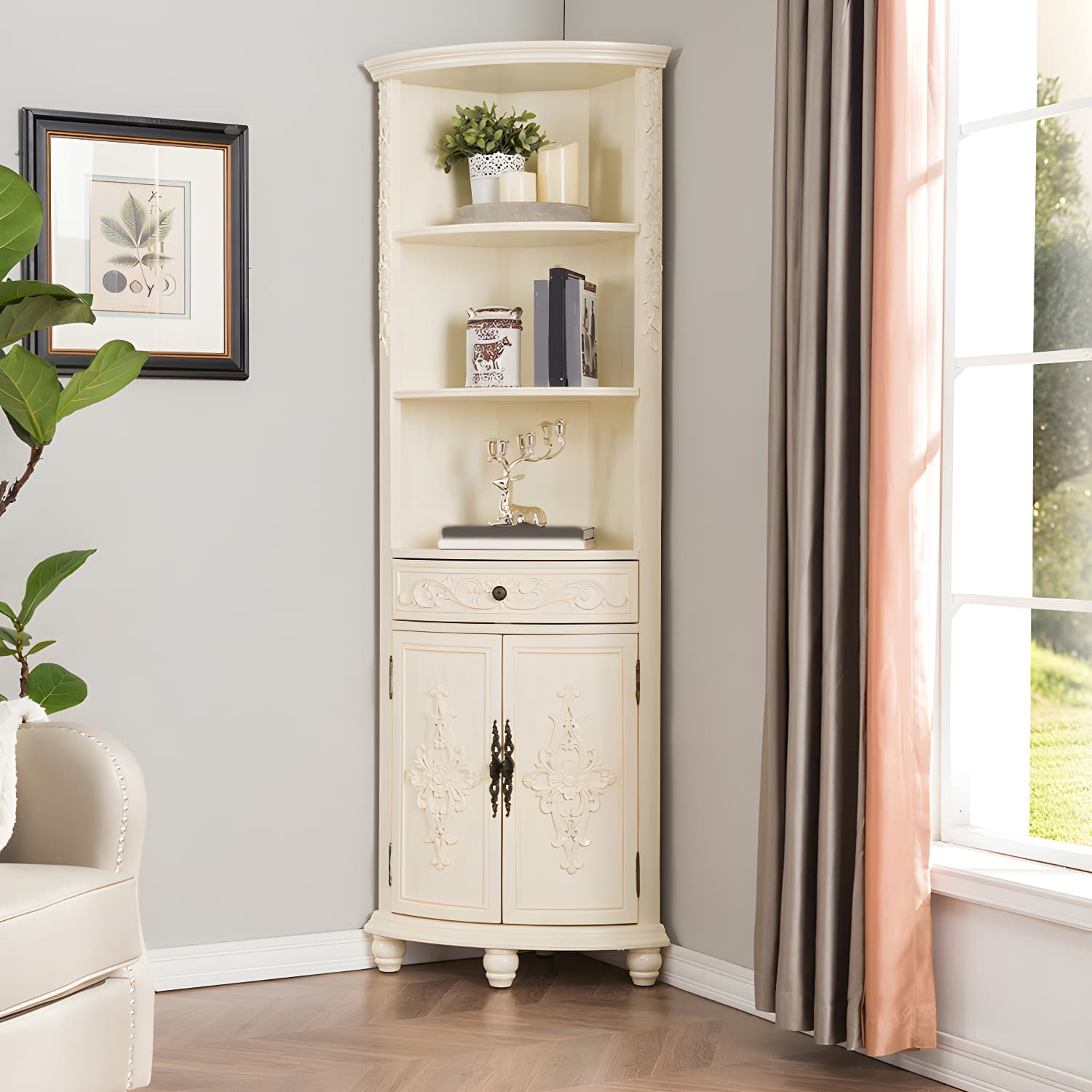 Rustic Corner Accent Cabinet with Wood Counter Top, Drawers, and Cabinet, Small Size - image 6
