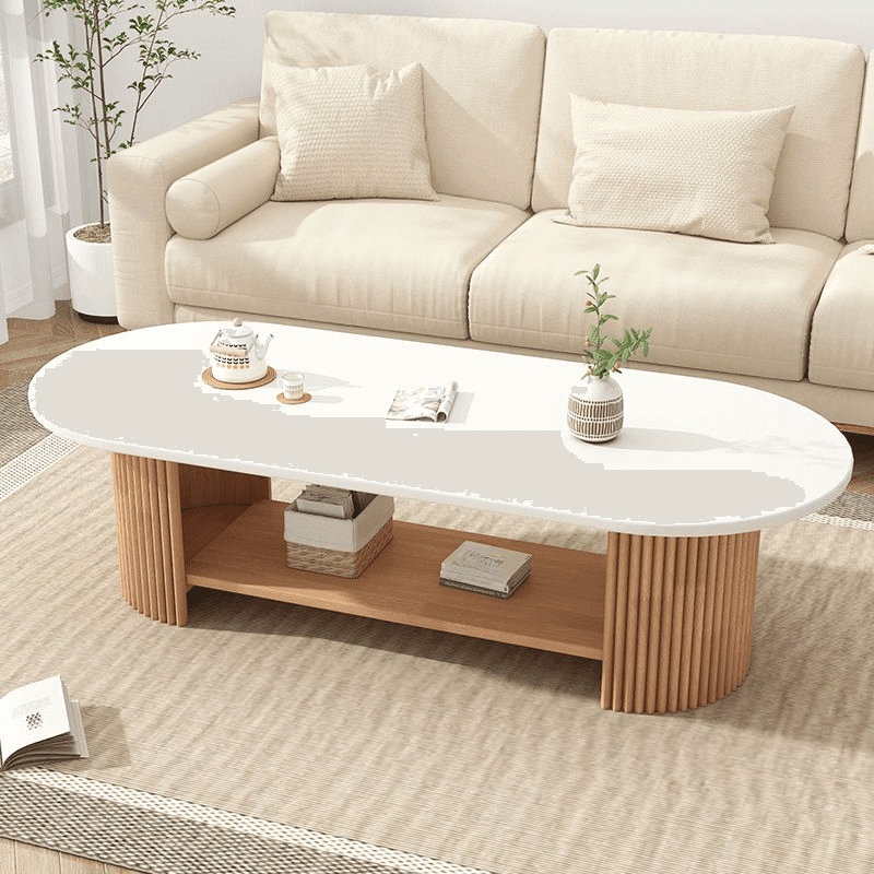 Oval Natural Wood Coffee Table with Twin Support Base, Repository, and 1 Shelf - image 9