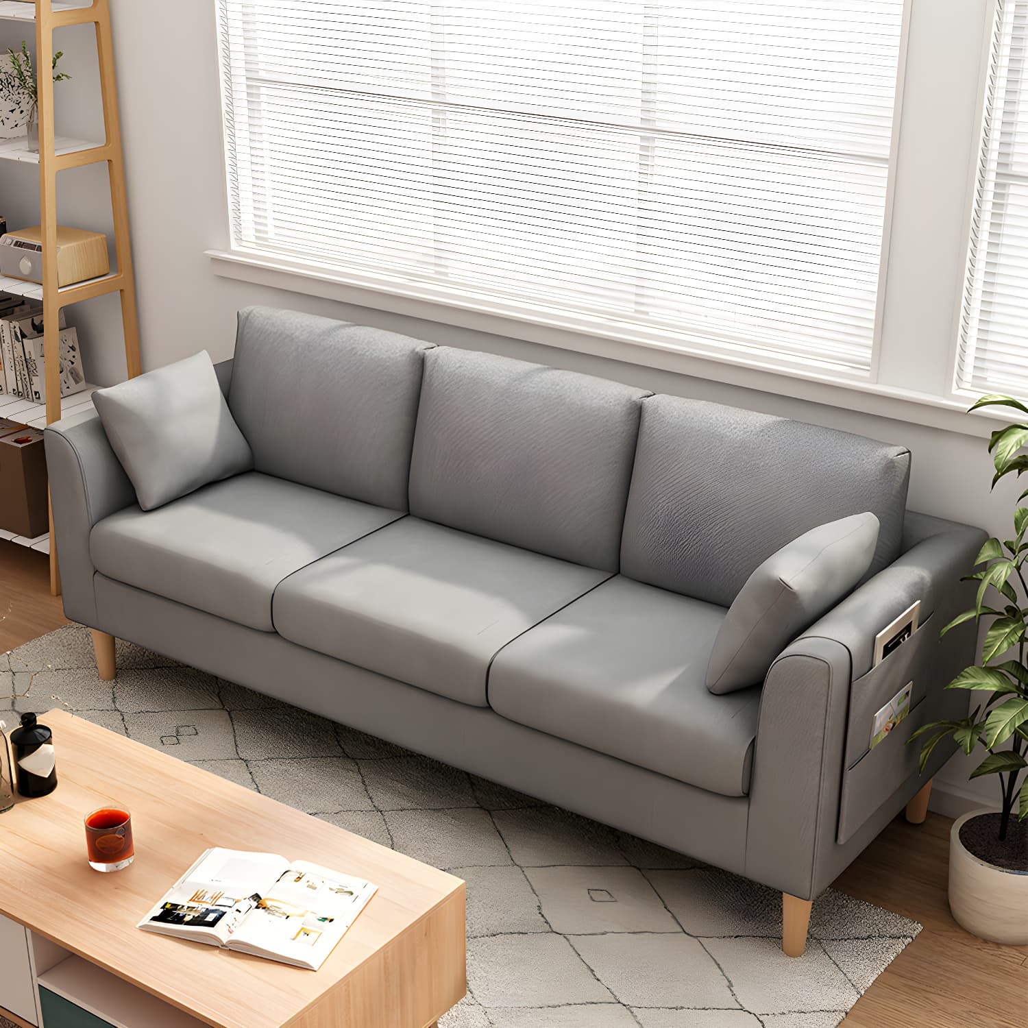Scandinavian 3 Seater Sofa with Pillows Back and Tuxedo Arm and Solid Wood Legs - image 13