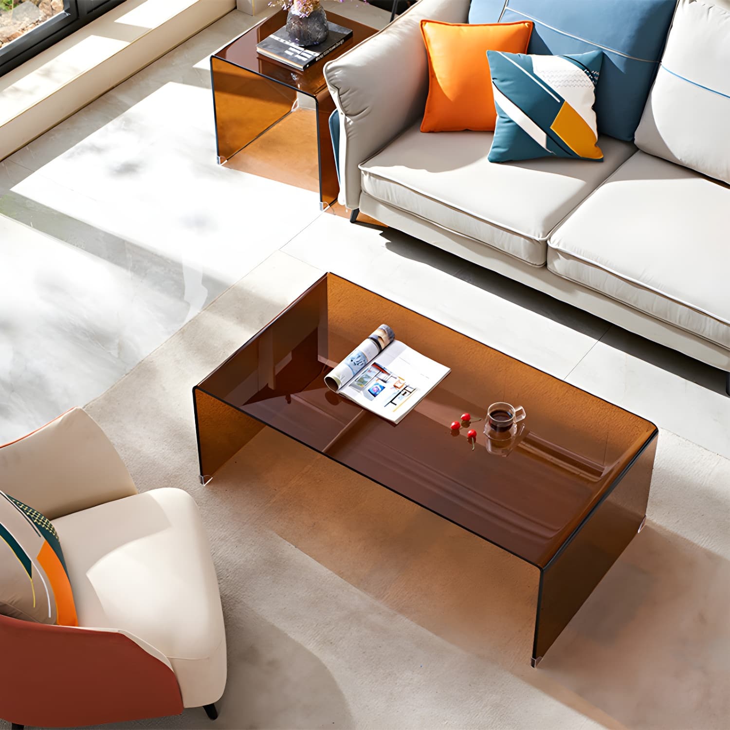Brown Glass Sled Coffee Table Modern Rectangular 1 Single Cocktail Table
