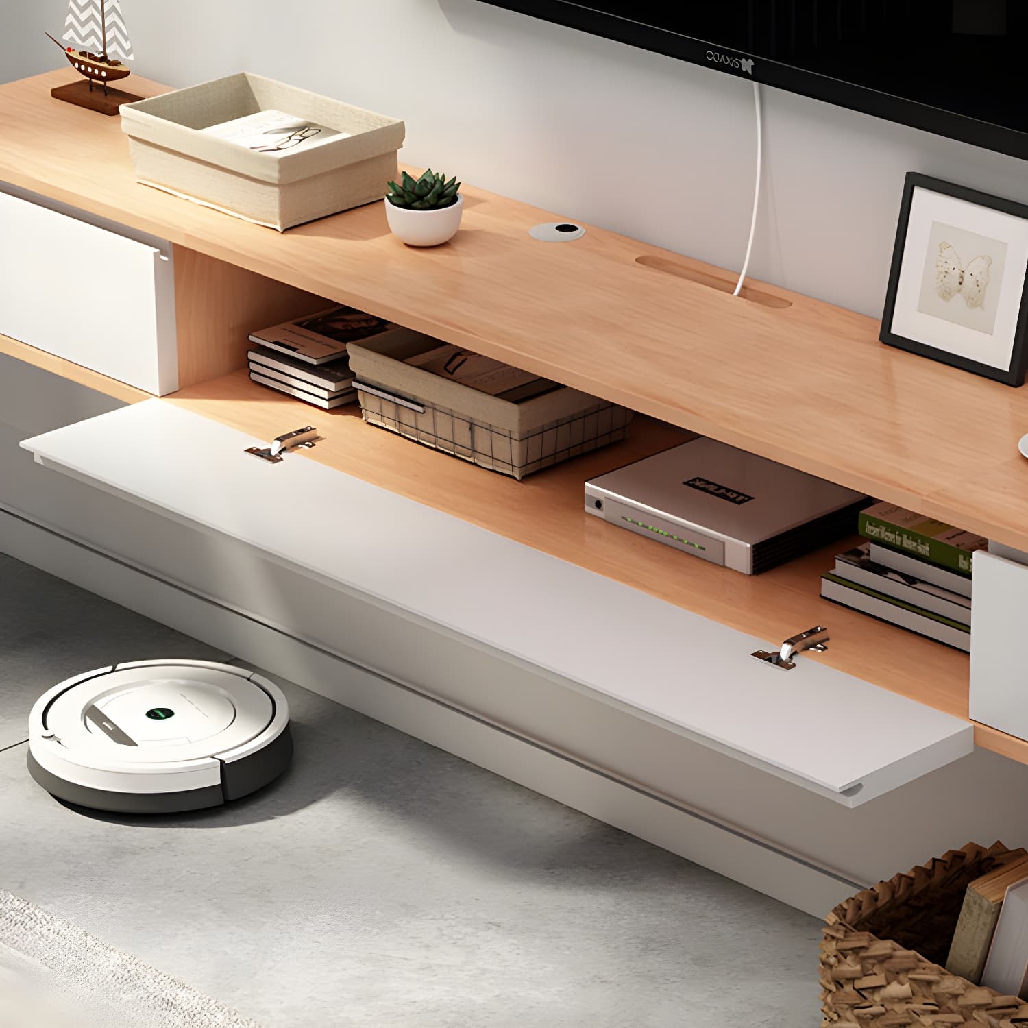 Nordic Wall-Mounted TV Console Solid Wood 2-Drawer Floating TV Stand Console - image 12
