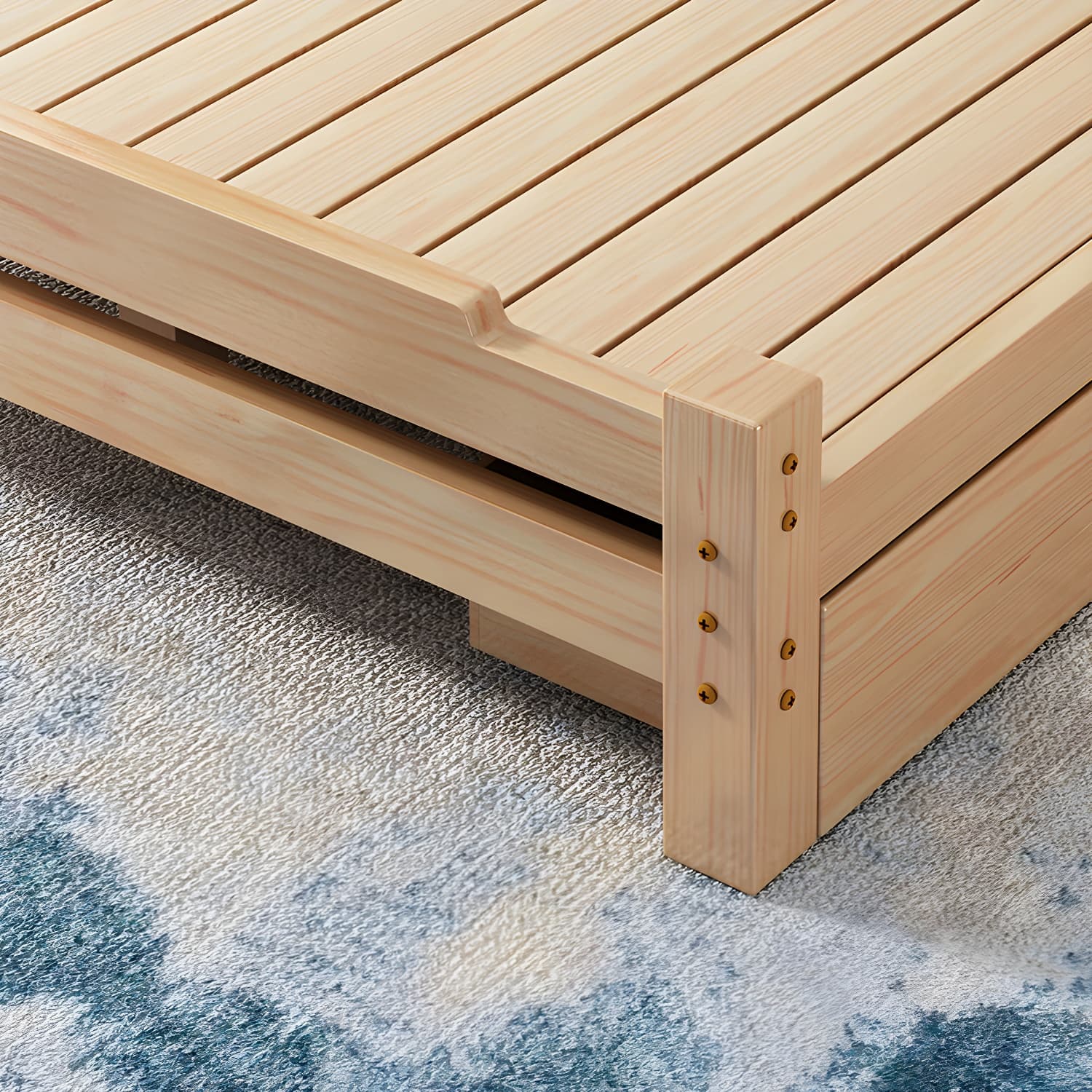 Pine Wood Bed in Light Brone Scandinavian Bed with Headboard - image 9