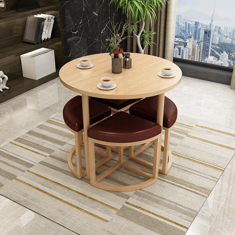 Reclaimed Wood Round Dining Table Set with Metal Toboggan Base and Upholstered Backless Chairs for 4 People - image 15