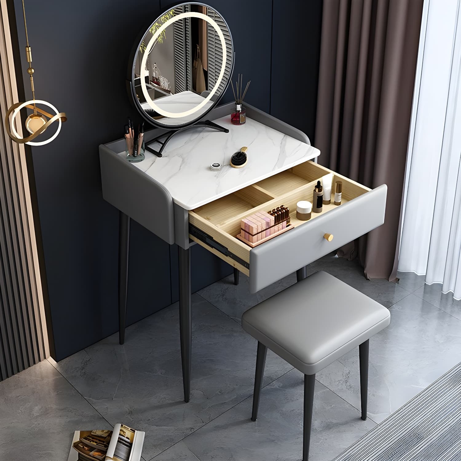 Contemporary Make-up Vanity with Stone Top and Metal Legs for Bedroom - image 8