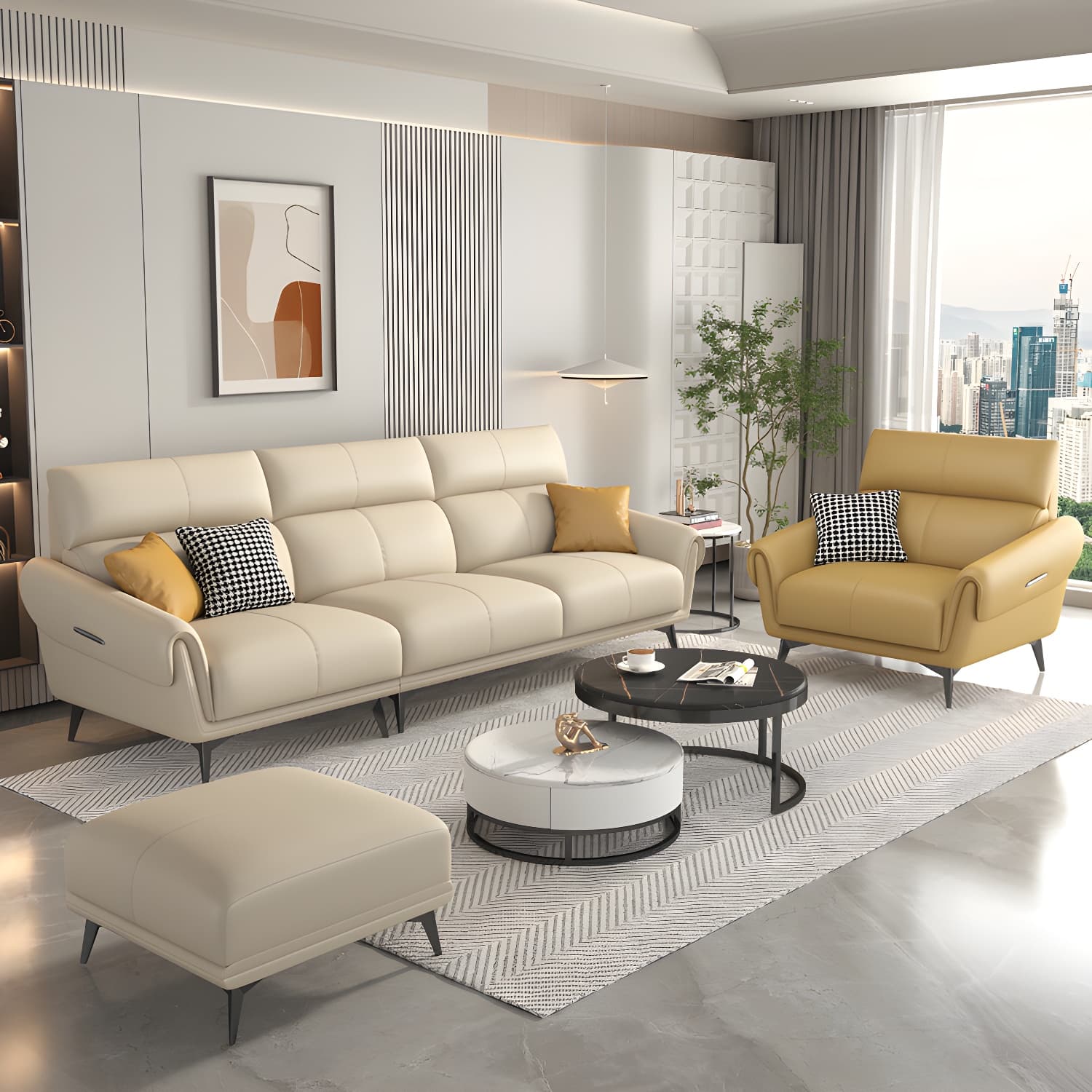 Faux Leather Flared Arm Sofa in Beige of 37.4" H with Cushions - image 4
