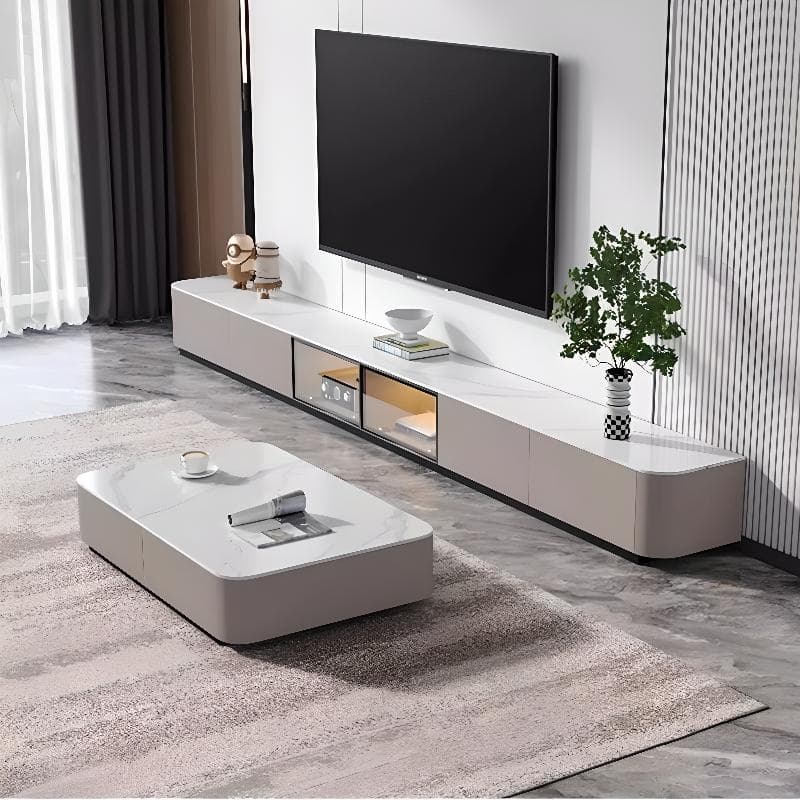 Modern White Stone Top TV Stand with Storage and Cable Management