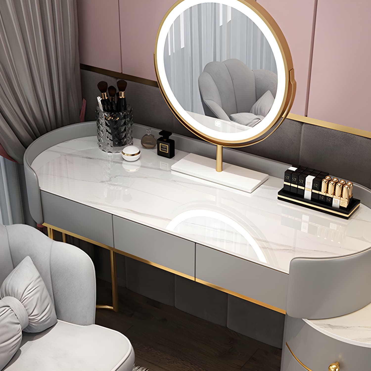 Contemporary Bedroom Metallic Lighted Mirror With Drawer Makeup Vanity Set - image 11