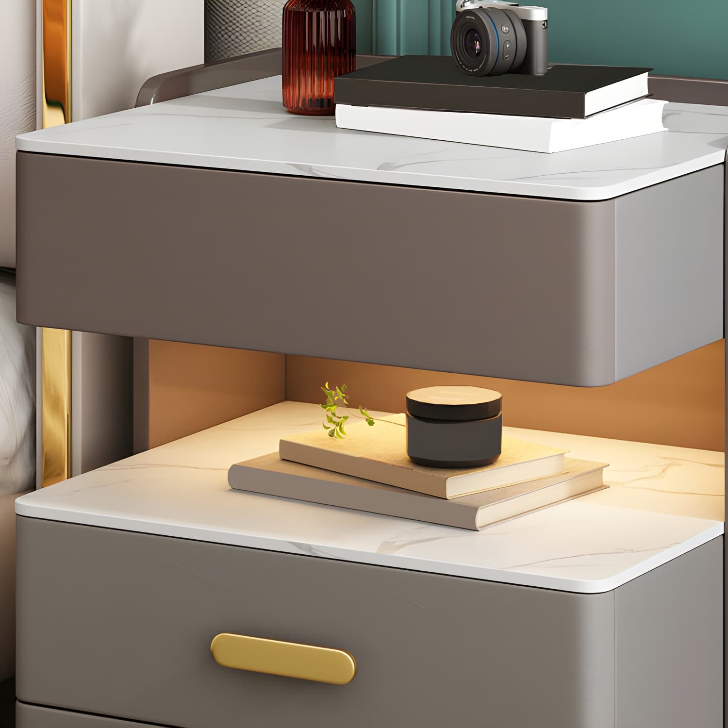 Open Storage Night Table Modern Bed Nightstand with 3 Drawers - image 8