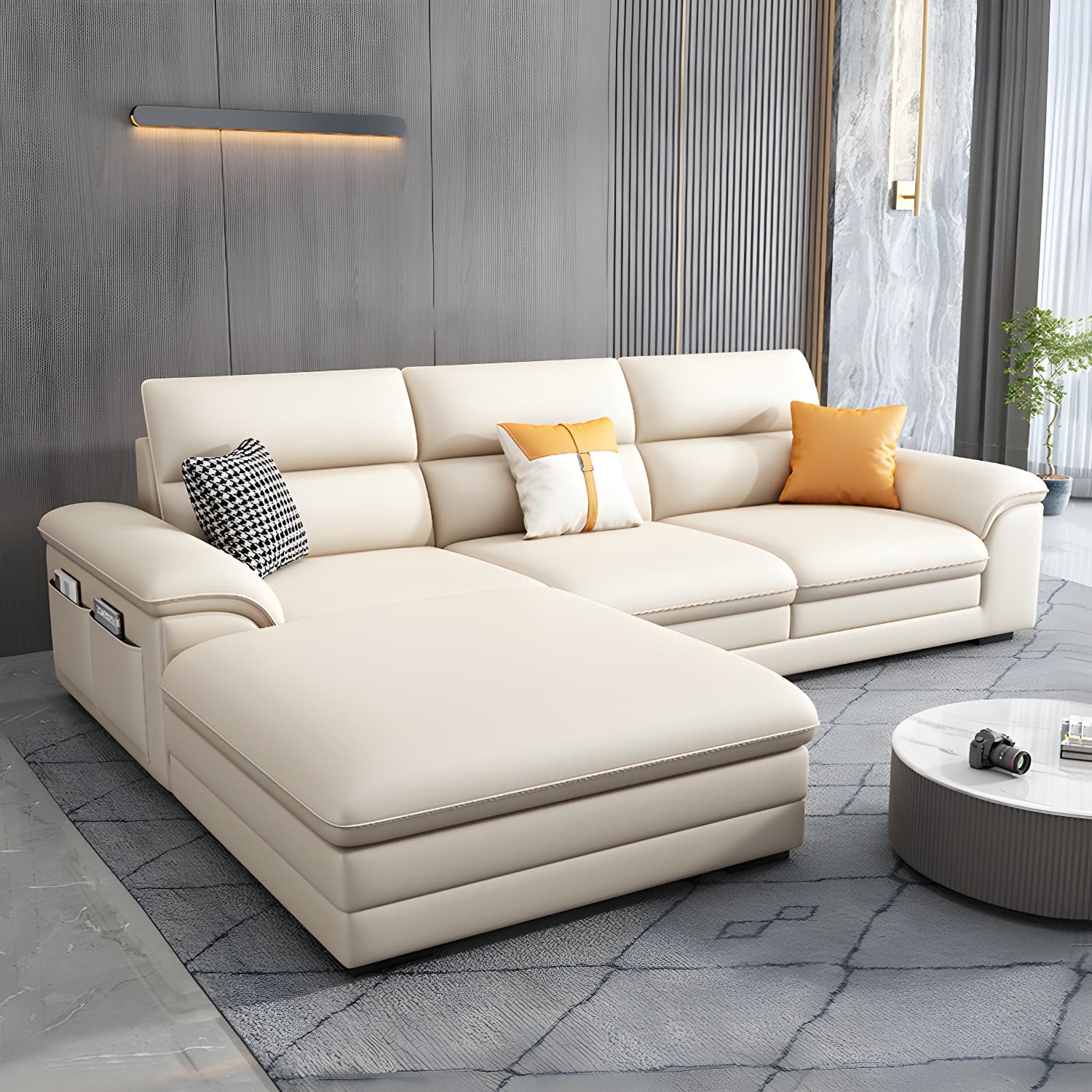 Standard Genuine Leather Sectional, Pillow Top Arm, Cushion Back, Beige, Birch Wood - image 9