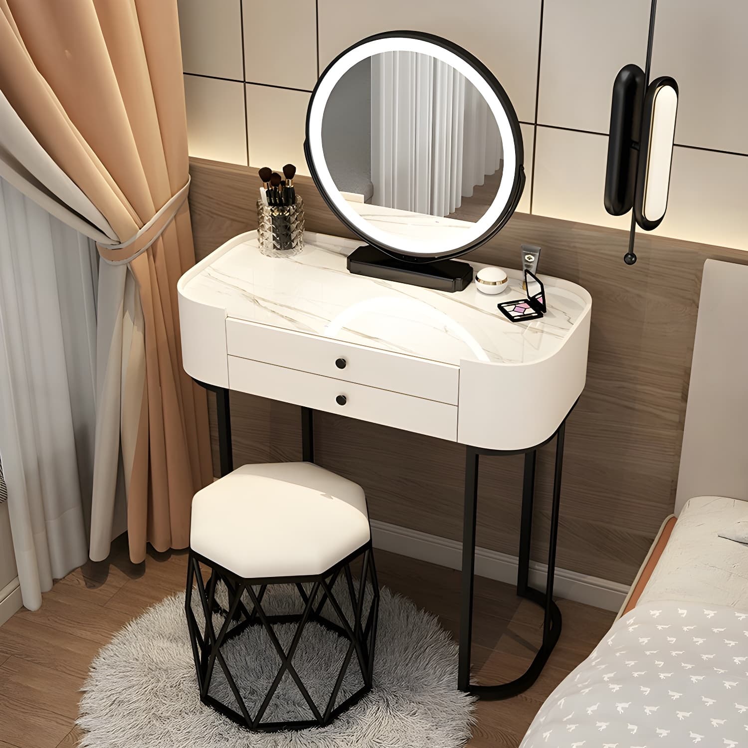 Contemporary Vanity Makeup Dressing Table Stool Set with Mirror - image 6
