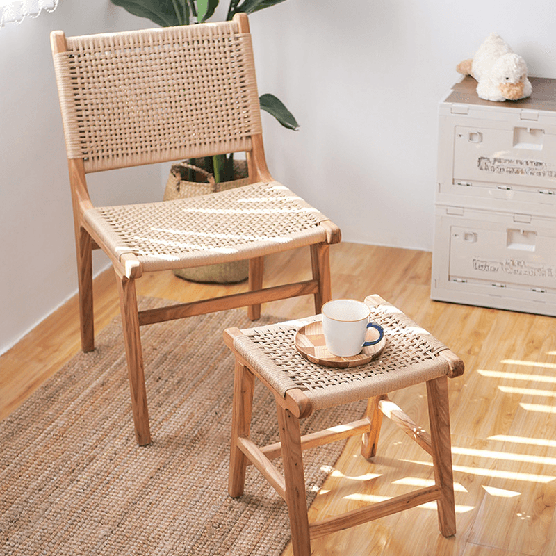 Modish Stable Genuine Leather/Rope/Faux Leather Woven Side Chair with Wood Framed Open Back and Natural Finish/Brown Base - image 4