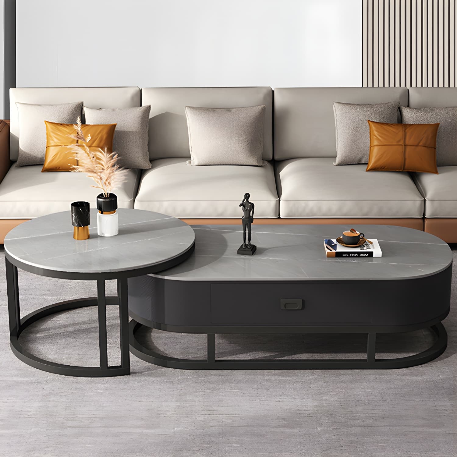 Slate Coffee Table Oval Nesting Coffee Table Set with Metal Legs - image 7