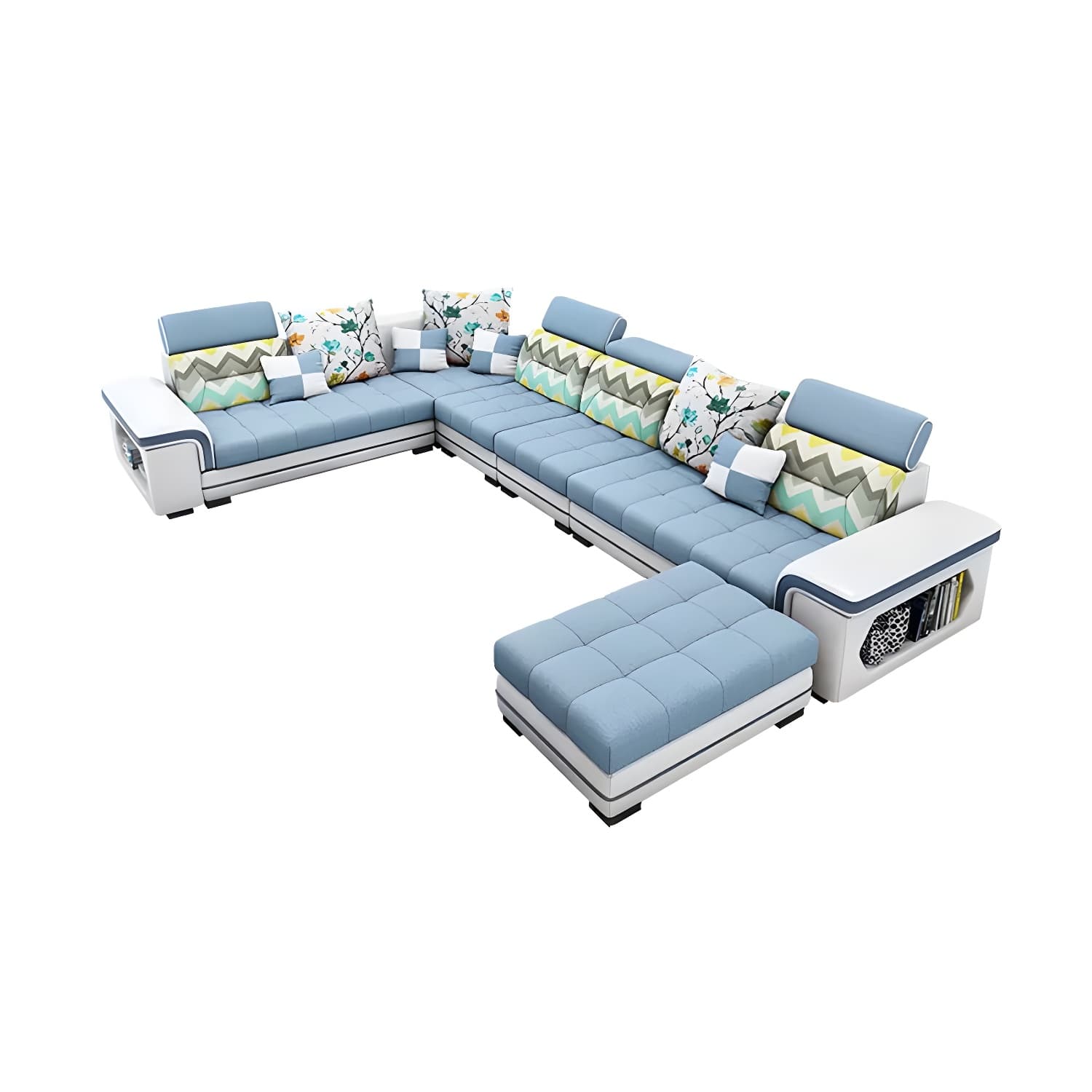 Scandinavian Blue Sectional Sofa with Wood Frame, Cushion Back, and Storage Included with Shelves - image 12