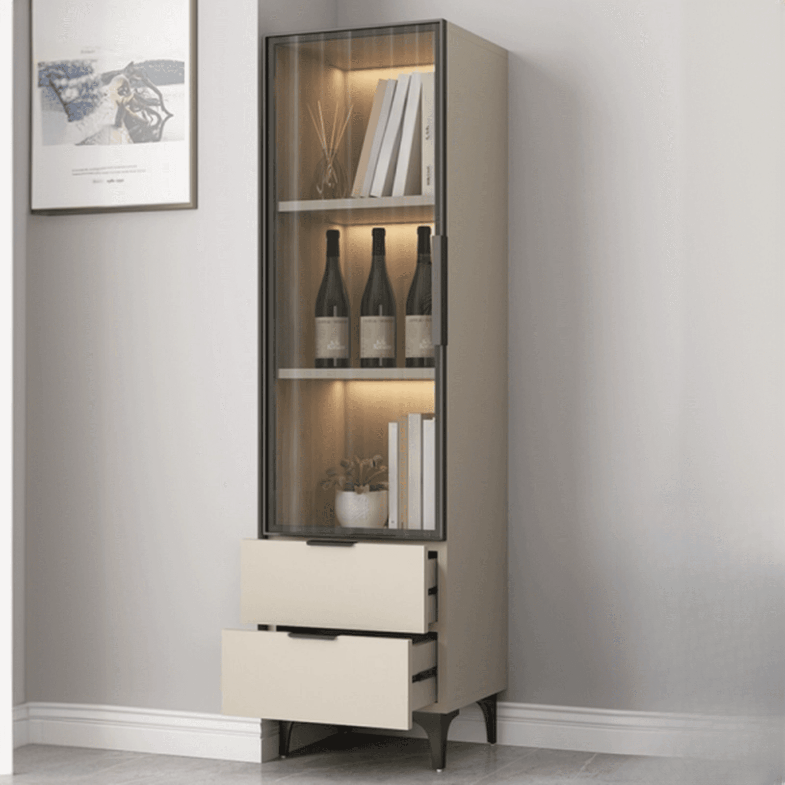 Rectangle Utility Cabinet with Locker, Glass Door, Pull Bars, White/Espresso/Off White Top, Soft Close Drawer, and Light - image 4
