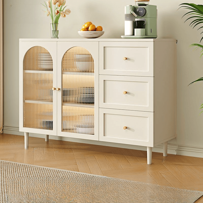 White Trendy Sideboard with 3 Drawers, Narrow/Standard Size, 3/6 Shelves, Lumber Countertop, and Glass-panel Door - image 4