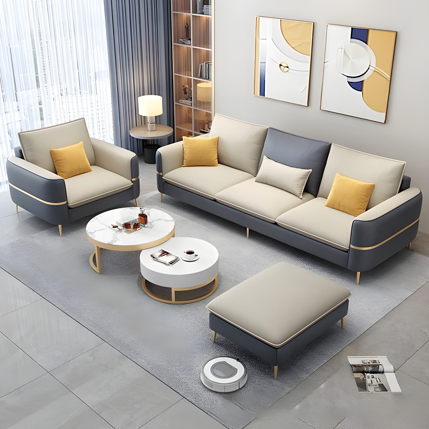 Glam Beige Tech Cloth Sectional Sofa with Pine Frame in Stationary Design