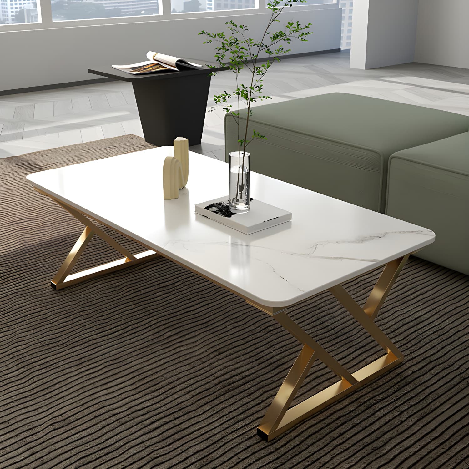 Rectangle Stone Top Coffee Table with Iron Sled Base Cocktail Table - image 4