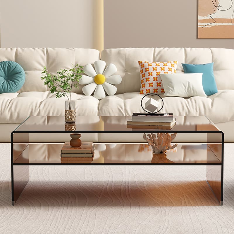 Rectangular Brown Glass Modern Coffee Table with Sled Base and Storage