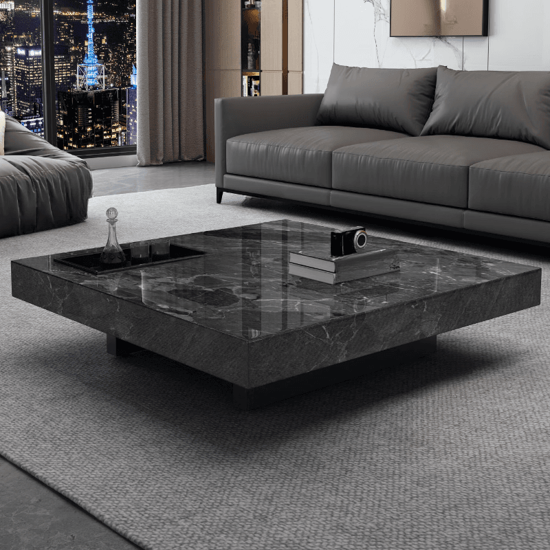 Contemporary Square Stone Top Sled Base Accent Table for Indoor Use