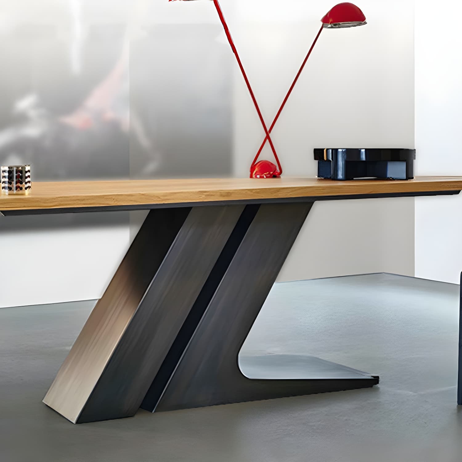 Modern Black Rectangle Wood Top Kitchen & Dining Table with Pedestal Base in Iron - image 8