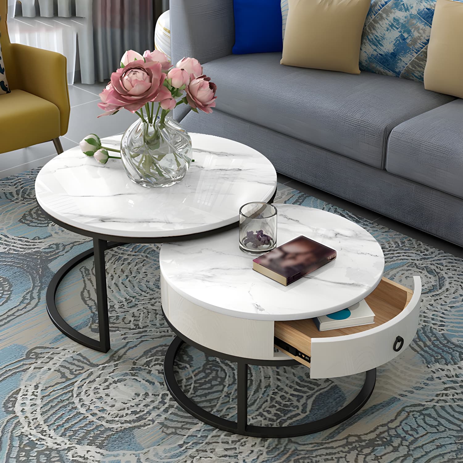 Round Frame Coffee Table Slate Nesting Coffee Table Set with Drawer - image 3