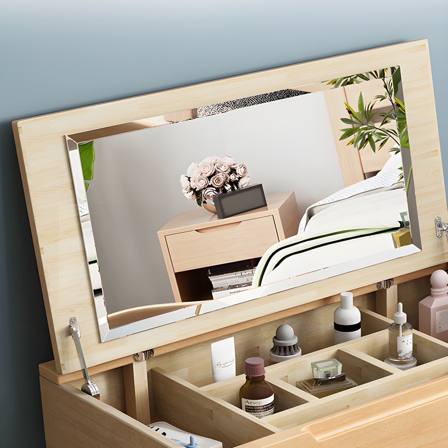 Scandinavian Solid Wood Vanity Makeup Table Set 1 Drawer Flip-Top Dressing Table - image 9