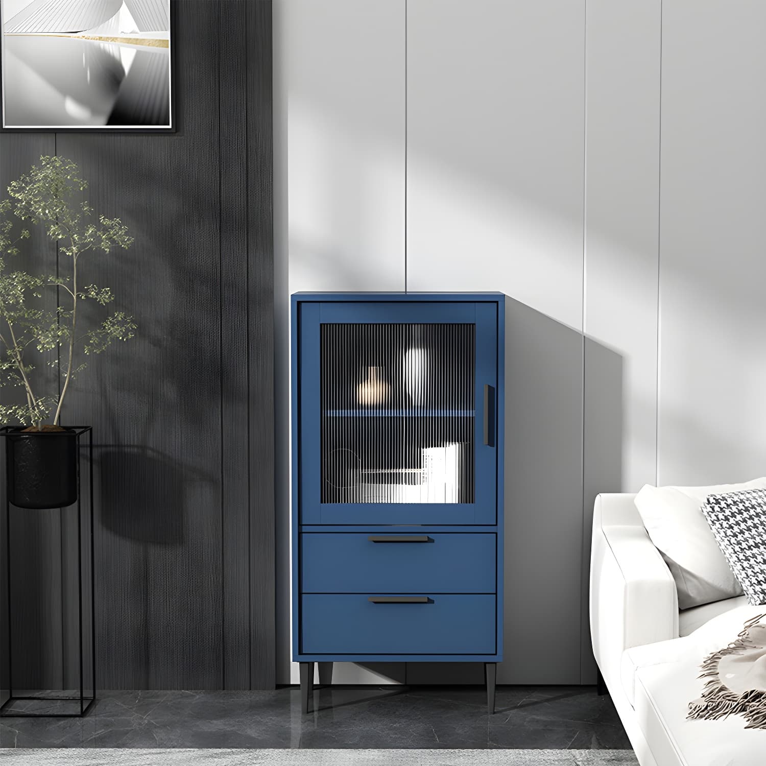 Contemporary Wooden Accent Cabinet with Glass Door and 2 Drawers