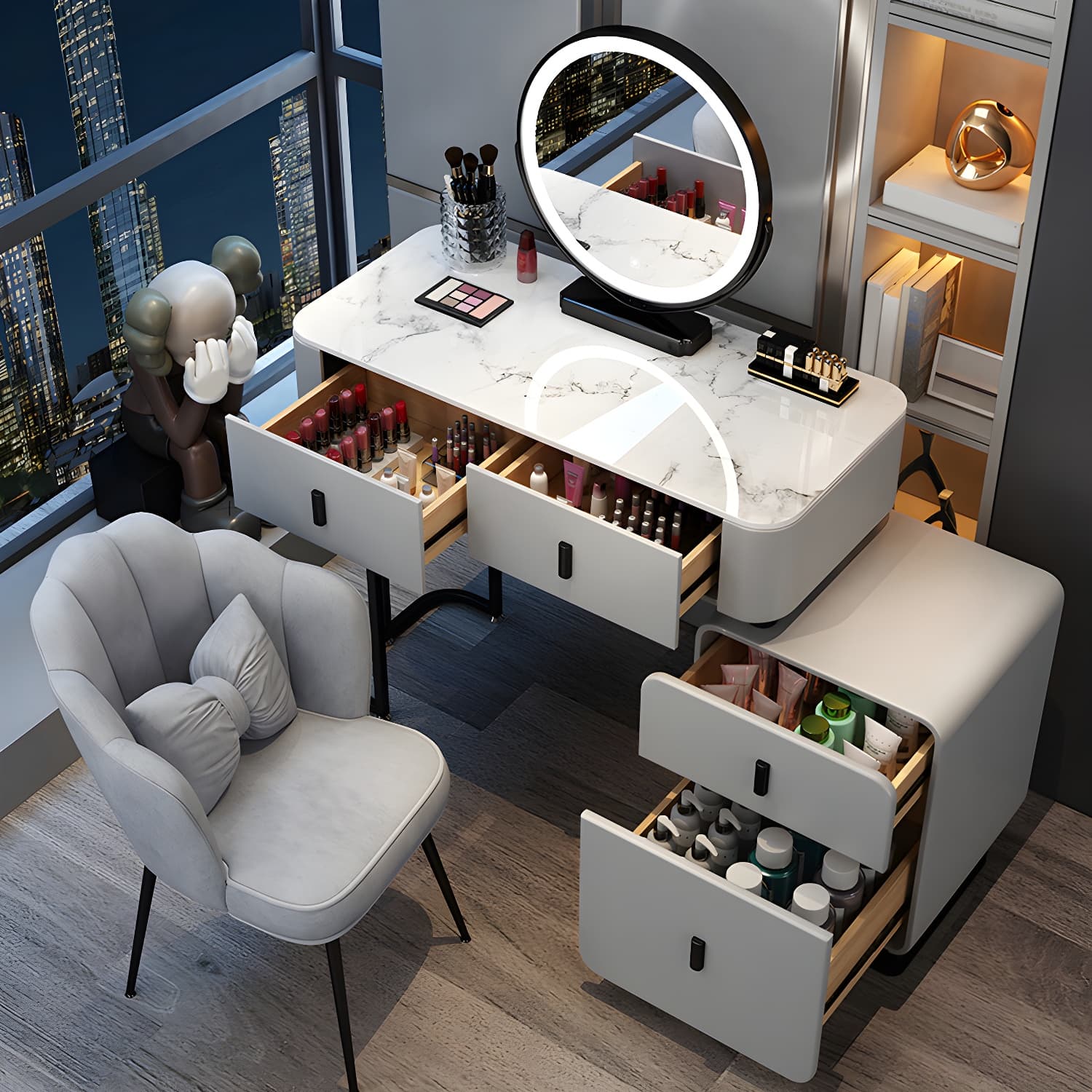 Wood Makeup Vanity Lighted Mirror Vanity Table and Stool Set - image 7