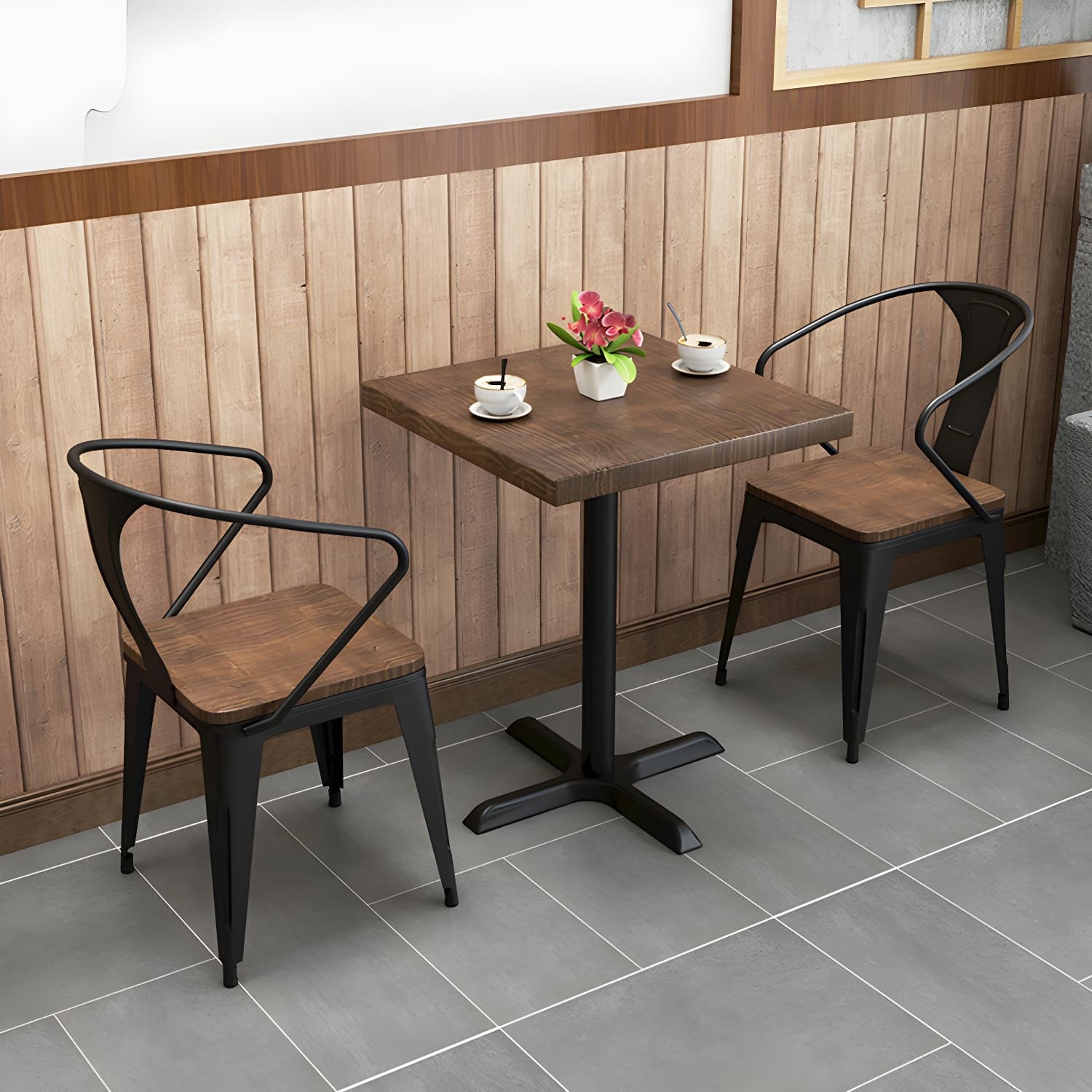 Solid Wood Dining Table Industrial Square Dining Table with Metal Base