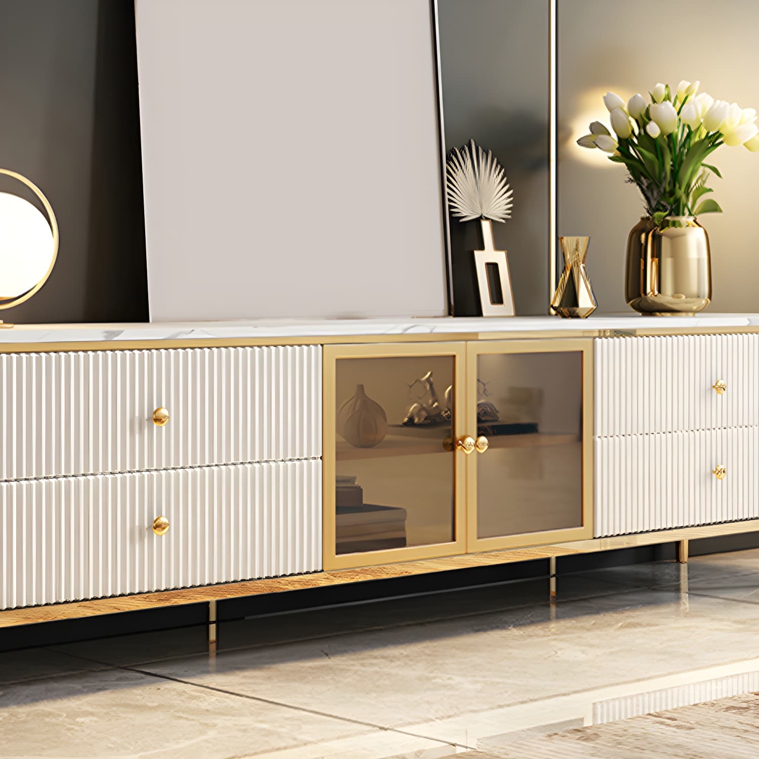 Modern TV Media Console Stone TV Stand Console with 4 Drawers - image 6