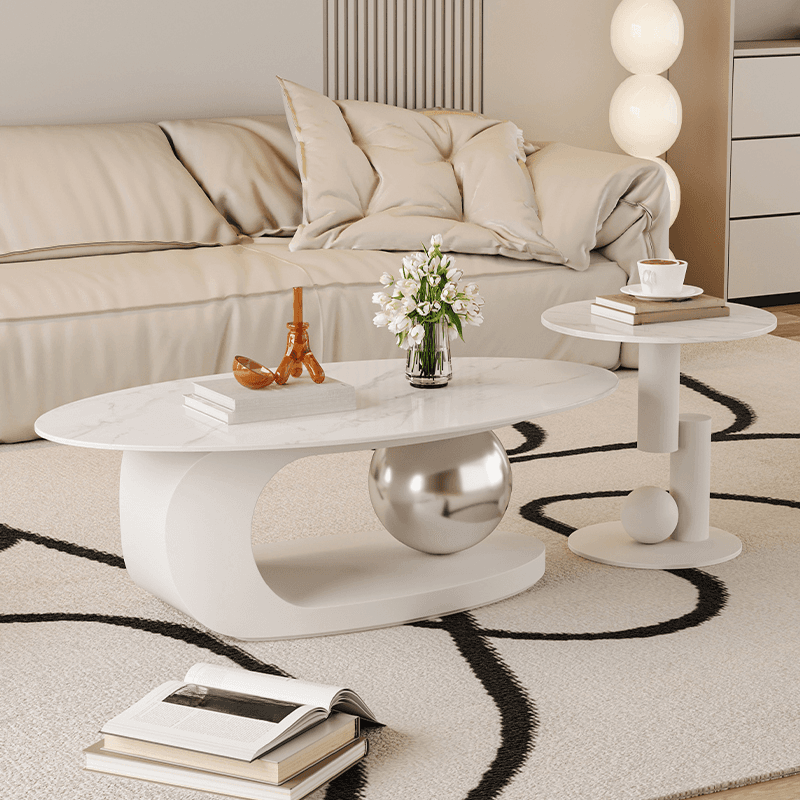 Luxurious 1 Tier Stone Top Elliptical Side Table with Abstract Base in Chalk for Home - image 5
