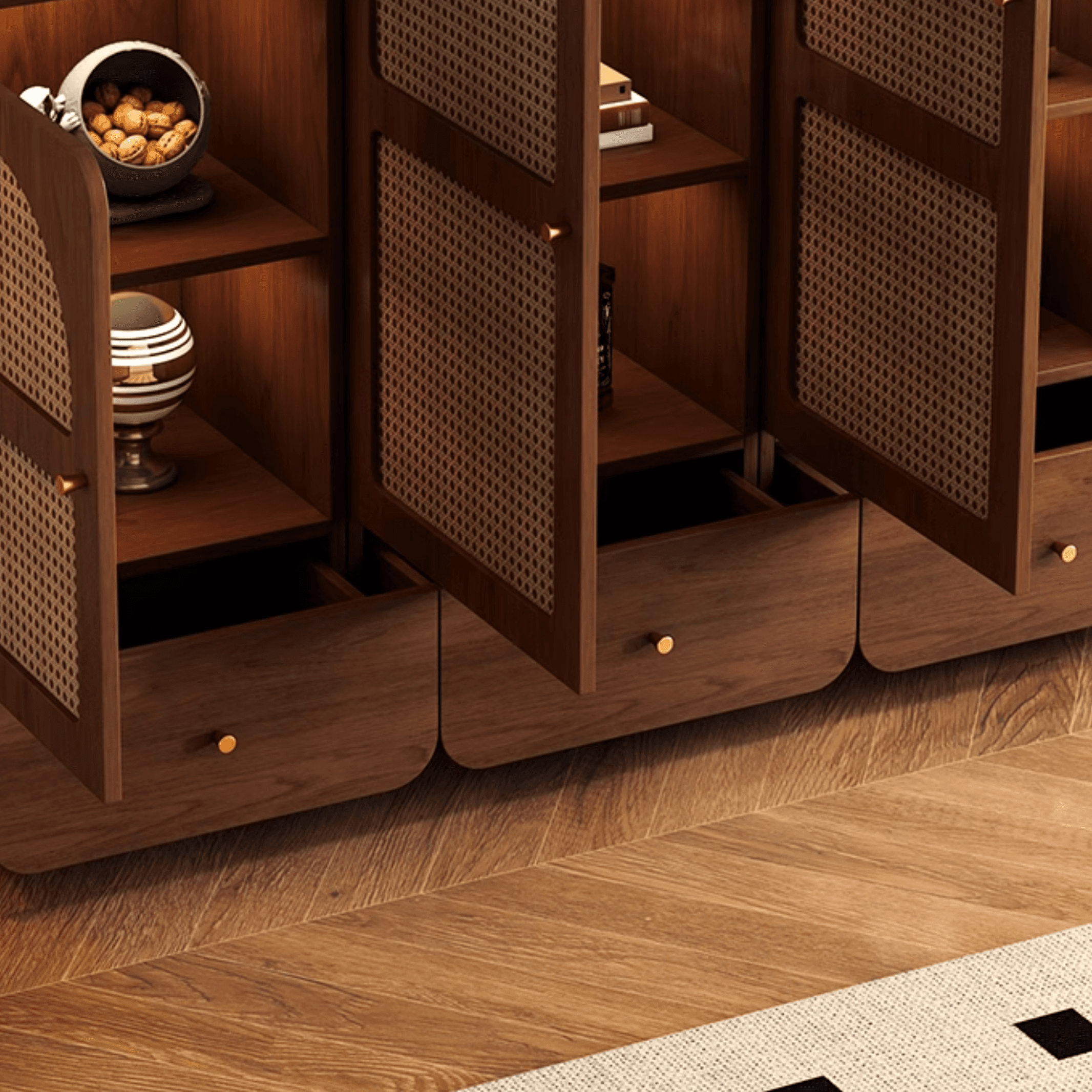 Simple Rectangular Accent Cabinet with Storage, Engineered Wood Countertop, Pull Knobs, Auburn Top, and Soft Close Drawer - image 9