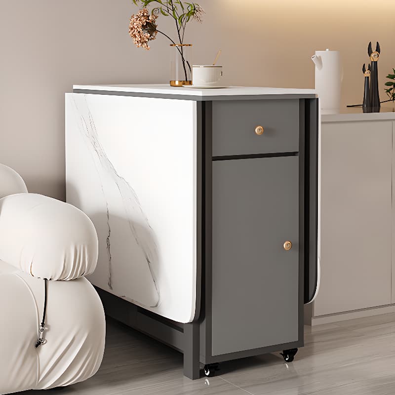 Dining Table Set with Slate Stone Top, Drop Leaf, Padded Chair with Back, White Finish, and Receptacle Storage - image 5