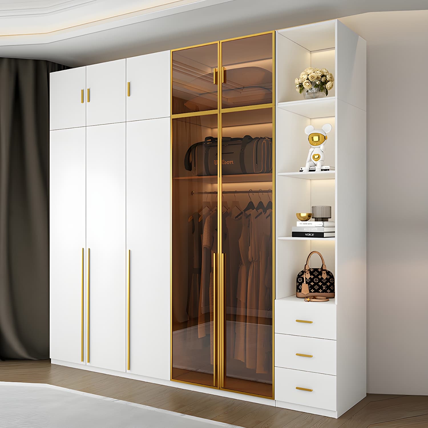 Modern White Wood Frame Wardrobe Armoire Freestanding Wardrobe with Soft Close Drawers