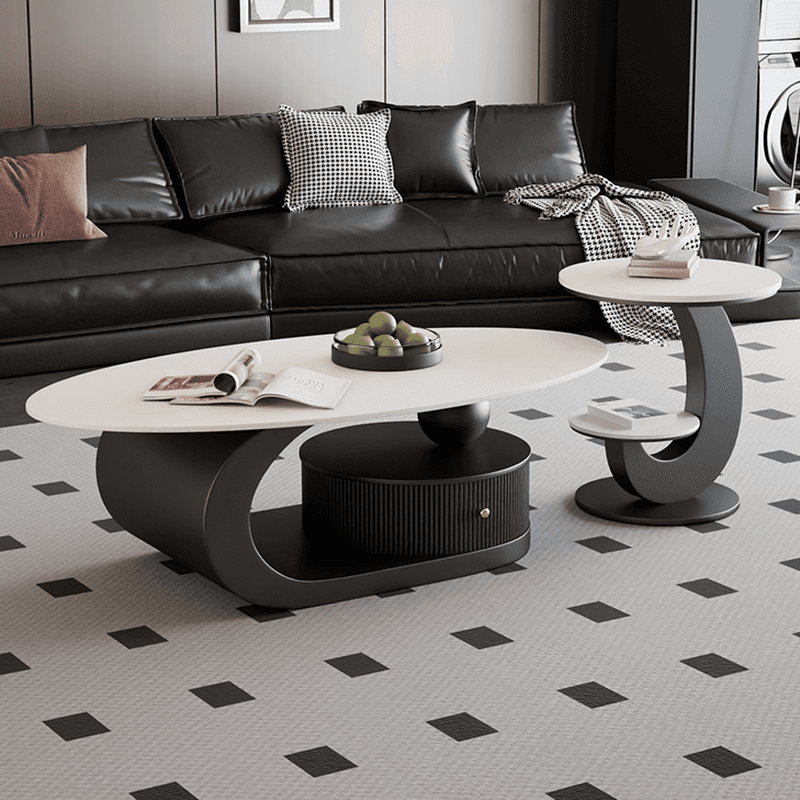 Modern Farmhouse Bunching/Single Coffee Table with Chalk Oval Slate Top, Plinth Base, and 1 Drawer - image 5